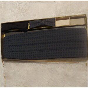 After Six Rudofker 2 Black and Blue Pattern Bow Ties and Matching Cummerbund Vtg